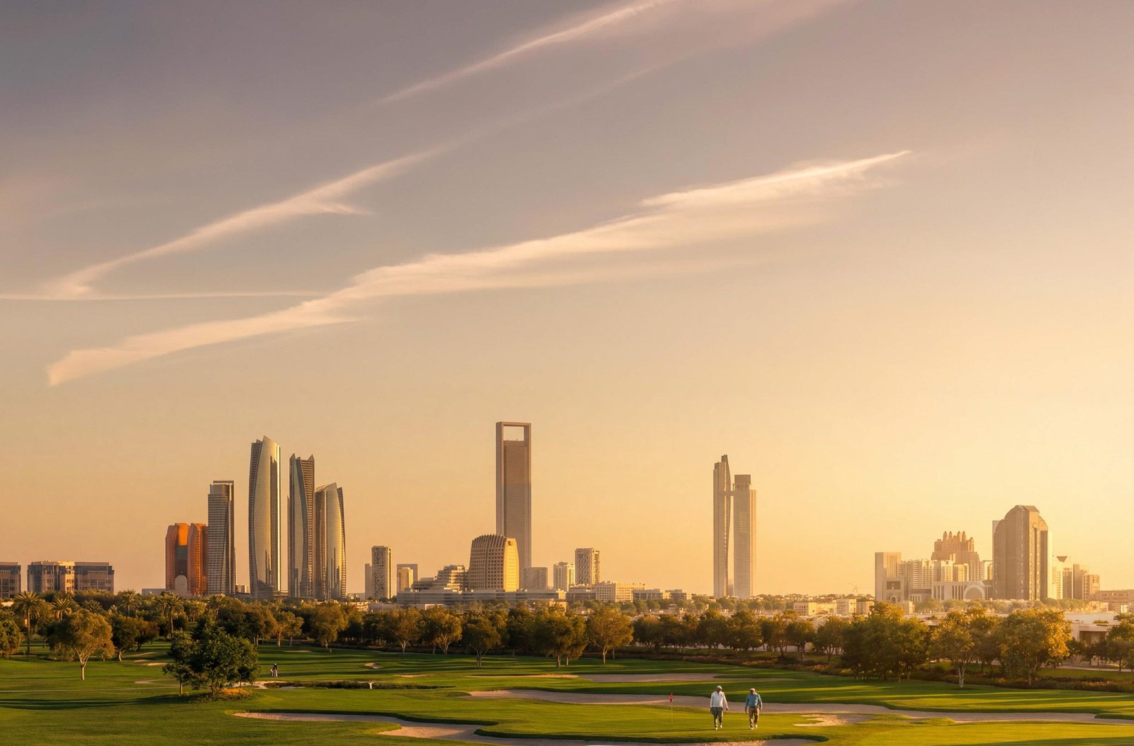 Aerial view of Hudayriyat Golf Estates, Hudayriyat Island, Abu Dhabi, UAE highlighting landscaped fairways, green corridors, and premium residential clusters.