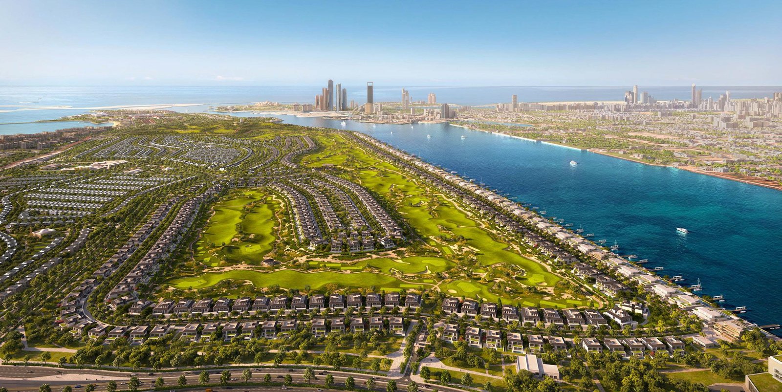 Hudayriyat Golf Estates on Hudayriyat Island, Abu Dhabi, UAE displaying luxury townhomes overlooking lush greenery and the expansive golf course.